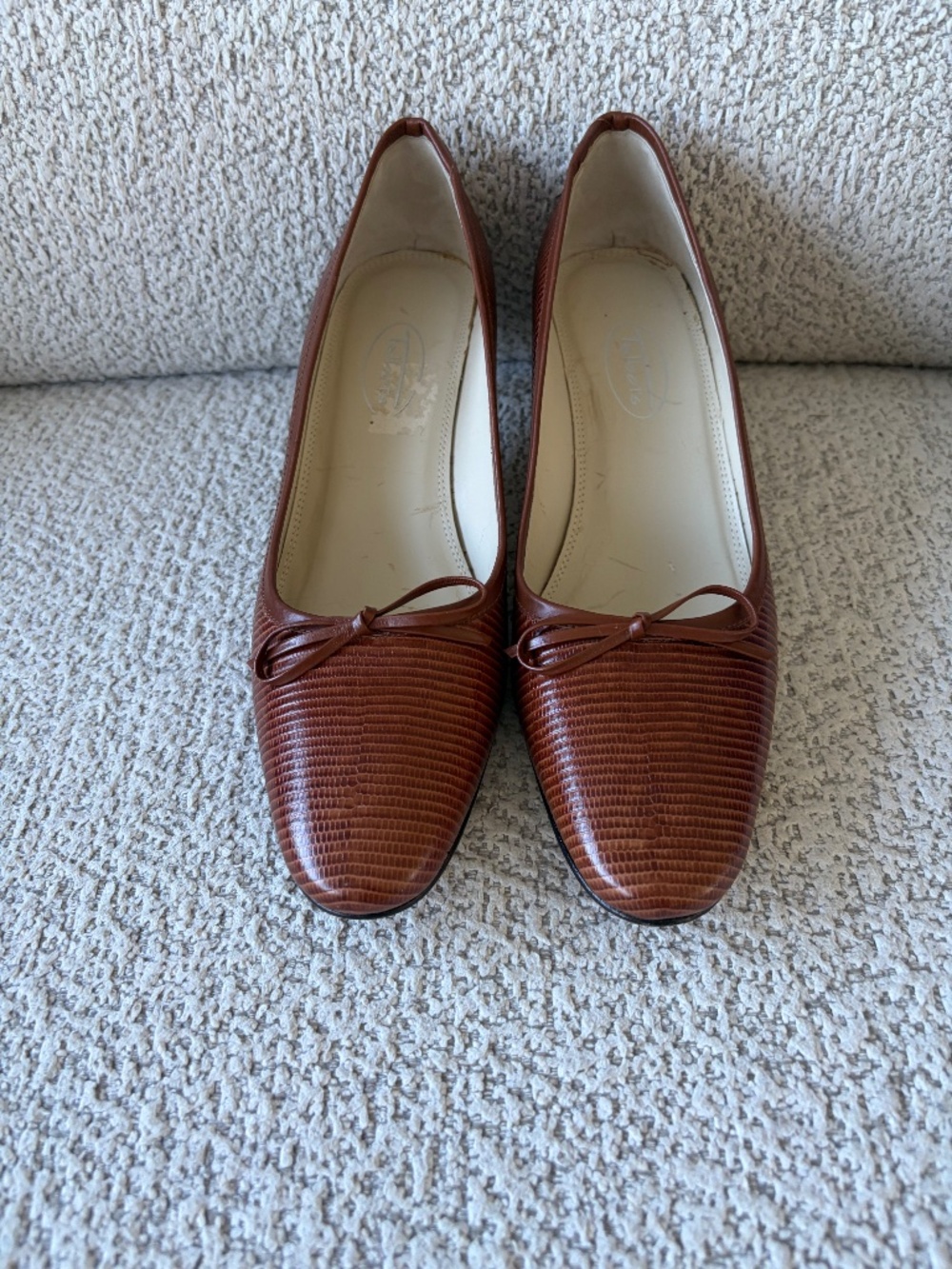 Talbots brown textured leather pumps with kitten heels.